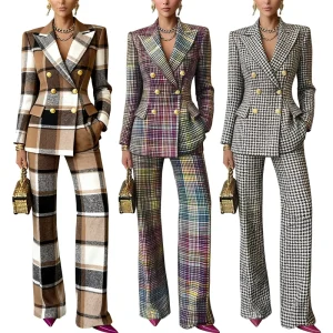 New Arrival Women’s Business Elegant Plaid & Houndstooth Office Two-Piece Suits Set