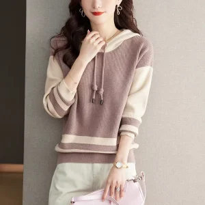 New Arrival Women’s Color Block Knitted Hoodie Fashion Casual Knitwear Loose Pullover Sweatshirt Jacket