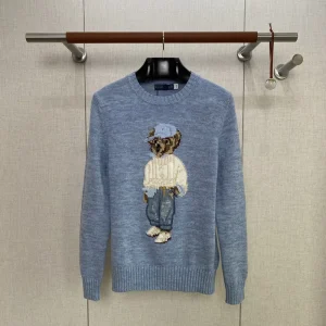 New Arrival Women’s Light Blue Knit Jumper Adorable Bear Pattern Crewneck Sweater Soft Knitwear for Spring & Autumn