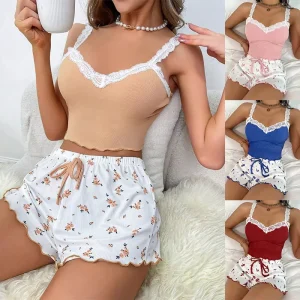 New Arrival Women’s Pajamas Set Lace Trim Spaghetti Strap Camisole and Shorts Summer Sleepwear for Vacation