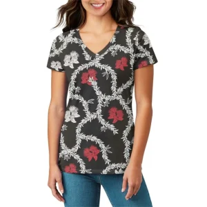 New Arrivals Black Flowers Print V Neck Women’s T Shirt Casual Short Sleeve T Shirts Daily Outgoing Lady Tops