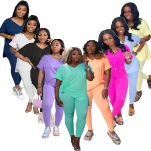 New Arrivals Clothing Spring Summer Pants V neck t Shirt Solid Color Loose Simple Casual Short Sleeve Two Piece Women’s Sets