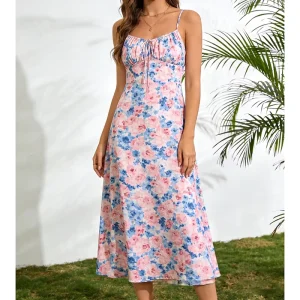 New Arrivals Fashion Summer Ruched Bust Custom Ladies Holiday Midi Dress Slit Elegant Women’s Casual Floral Dresses