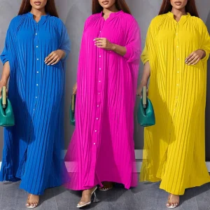 New Arrivals Plus Size Women’s Midi Dresses Elegant Ladies’ Loose Casual Pressed Pleated Dress Solid Pattern for Autumn Season