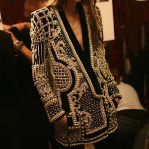 New Arrivals Spring Fashion Printed Luxury Heavy Beaded Deep V Neck Long Sleeve Women Tops Women Blazers