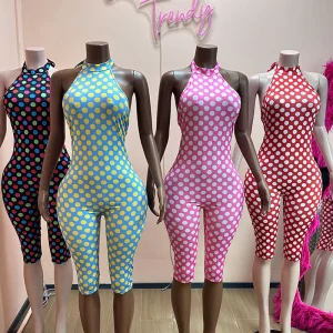 New Arrivals Woman Rompers Stretch Bodysuits Polka Dot Print Backless Bandage Bodycon Jumpsuits