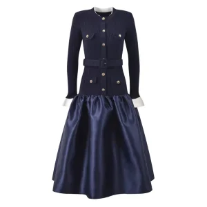 New Arrivals Women’s Elegant Casual Dress Luxury Knitted Splicing Long Sleeve Dress Slim Fit Flared Maxi Dress