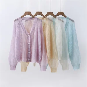 New Autumn Fashion Women Thin Wool Mohair Cardigan Sweater Thin Loose Knit Wool Cardigan