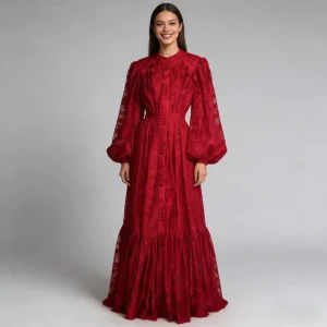 New Autumn French Court Style Women’s Dress High End Tie Waist Lantern Sleeve Lace Maxi Dress