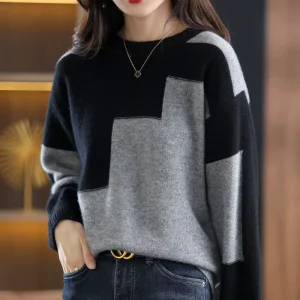 New Autumn Soft Crew Neck Knitwear Sleeve Women’s Comfortable Home Style Loungewear Korean Style Base Layer Color-block Sweater