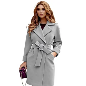 New Autumn Winter Women Trench Coats Slim Fit Belt Turn Down Collar Woolen Overcoat Solid Color Long Sleeve Women’s Coat
