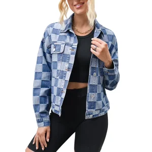 New Autumn Women’s Chess Denim Jacket Retro Silhouette Loose Mid-Length Coat Fall Clothing for Women