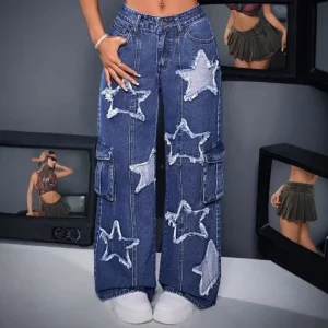 New Breathable Vintage Casual Loose Fit Mid Waist Straight Denim Cargo Jeans for Women’s Workwear with Waist Logo All Seasons