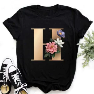 New Capital Letters Printed Fashion T shirt Black Short Sleeve Tops Flower Letter Font Print Logo O Collar Casual Sports T shirt