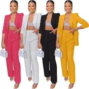 New Casual Fashion Set Women’s Suits Solid Color Spring Summer Clothes Set Blazer Jacket + Long Pants