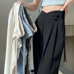 New Chinese Ice Silk Suit Pants Women’s Summer Thin Chiffon Wide Leg Long Pants High Waist Hanging Casual Straight Pants