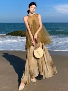 New Chinese Style Halter Neck Dress Women’s Tie-Dye Tulle Dress for Summer