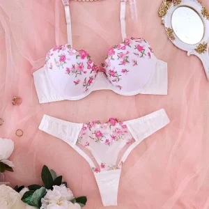New Colorful Flower Romantic Sexy Embroidered Cutout Lace Underwear Eco Friendly Soft Breathable Stretch Women’s Lingerie Set
