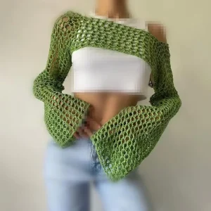 New Cross-Border Women’s Thin Casual Sexy Cutout Knit Top Solid Color Crew Neck Long Sleeve Front Logo