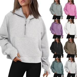 New Custom Logo Winter Ladies Sports Multicolour Plain Half Zipper Loose Fitting Sweatshirts Jogger Fleece Hoodies for Women