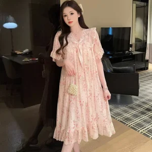 New Design Floral Nightgown Summer Loose Short Sleeved Pajamas Mesh Nightdress Lace Night Dresses for Woman