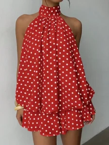 New Design Halter Neck Hanging Spicy Girl A Line High Waist Summer Dress Solid Color Sexy Backless Versatile Sleeveless