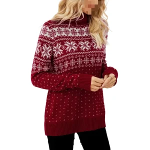 New Design Jacquard Red Turtleneck Pullover Knit Lady Christmas Sweater Casual Snowflake Base Knit Christmas Women’s Sweaters