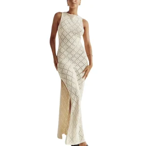 New Design Sexy Perspectivity Hook Flower Knit Lady Dress Street Casual Hollow Out Side Slit Knit Women’s Long Skirts