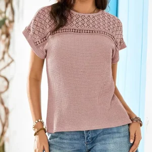 New Design Solid Color Women’s Hollow Breathable Casual Short Sleeve Elegant Summer Tops