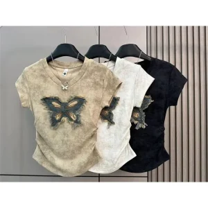 New Design Summer Short sleeved T shirt Women’s Butterfly Embroidered Denim Pic Design Unique Tops for Women
