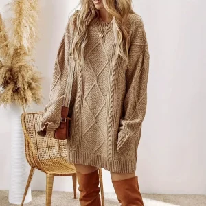 New Design Winter Long Sweater Skirts Women’S Ribbed Long Sleeve Dress Loose Knee Length Skirt Women’S Knit Sweater