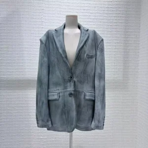 New Design Women Sheep Crust Leather Single Breasted Windproof Light Blue Button Shoulder Pad Blazer Coat Office Presentation