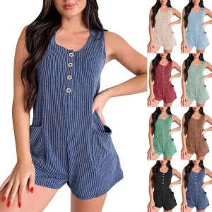 New Design Women’s Cross Border Casual Strapless Jumpsuit Button Front Sleeveless Tank Short Rompers Jumpsuit