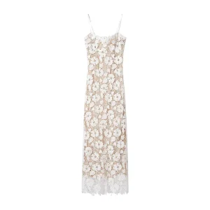New European American Cross Border Women’s Casual Floor Length Solid Dress Strapless Slit Lace Suspender Slim Straps Dress