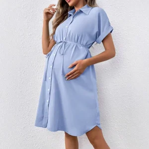 New European American Maternity Wear Summer Short Sleeve Buttoned Casual Dress Fashionable Belt Shirt Style Design Polyester