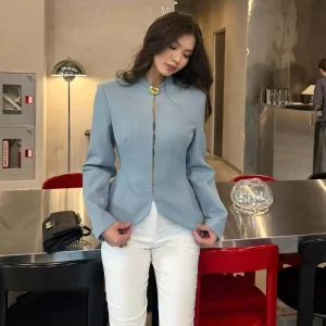 New European American Slim Fit Asymmetrical Single Breasted Solid Women’s Full Sleeve Hand Embroidery Wool/Silk Blazer