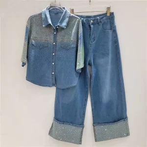 New European American Style Loose Rhinestone Short Sleeve Denim Shirt and High Waist Wide Leg Women’s Sets