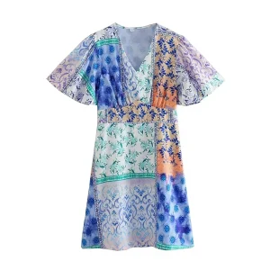 New European and American Vintage Fashion Women’s V-neck Printed Short-sleeved Mid-length Polyester Dress 4443