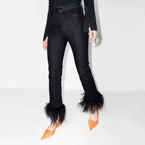 New Fashion Design Custom Label Black Cotton Stretch Skinny Leg Woman Denim Jeans Pants With Ostrich Feather OEM