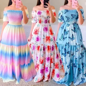New Fashion Ladies Summer Cold Shoulder Floral Dress Women Clothing Casual Dresses Women’s Maxi Dresses