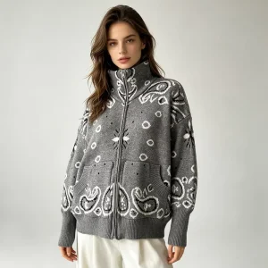 New Fashion Long Sleeved Custom Turtleneck Zip Up Knit Coat Patterned Cardigan Autumn Women Jacquard Sweater