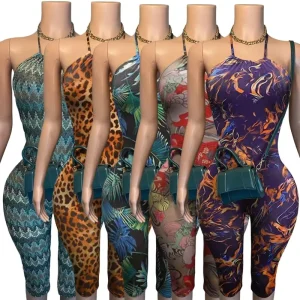 New Fashion Printed Stretch Halterneck Backless Bodycon Clubwear Romper Slim-fit Summer Elegant Office Jumpsuit Women