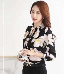 New Fashion V Neck Chiffon Blouses Slim Women Button Decor Office Lady Work Long Sleeve Floral Shirts Women’s T Shirt