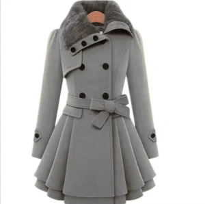New Fashion Women Girls Fur Collar Design Warm Long Plus Size Double Breast Button Belt Sur Collar Winter Coat Women