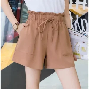 New Fashion Women Girls Shorts Summer Pockets Solid Color Korean Style Elastic Waist Black Slim Outdoor Soft Casual Pants