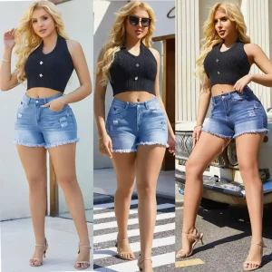 New Fashion Women’s High-Waist Stretch Denim Shorts Casual Sexy Tassel Hole Worn Jeans European American Style Washed