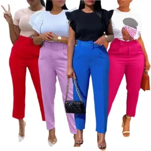 New Fashion Women’s Pants Trousers Elegant Office Pants for Ladies High Waist Casual Pants With Belt