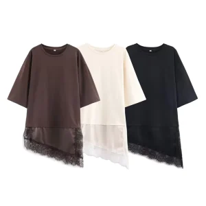 New Fashion Women’s Slim Straight Round Neck Short Sleeve Asymmetric Hemp Splicing Lace T-shirt
