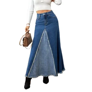 New Hot-Selling Raw-Edge Women’s Denim Skirt Washed Split Denim with Logo on Waist for All Seasons-Spring Summer Autumn