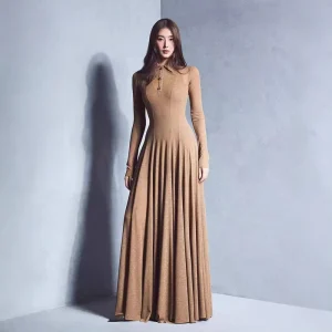 New Innovation Women’s Autumn Winter High end Asymmetrical Natural Waist Eco Friendly Slim Long Dress Black Coffee Color
